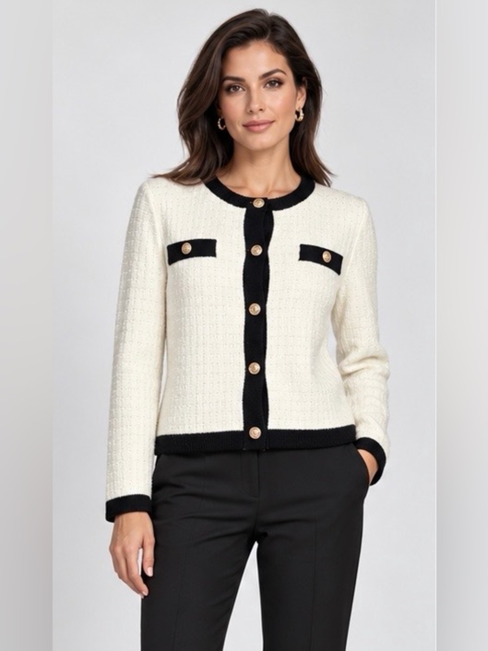 NWT GOELIA Ivory Black Wool Blend Knit Cardigan with Gold Buttons, M (6)